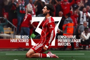 利物浦官推晒索博滑跪照：连续37场英超破门刷新队史纪录