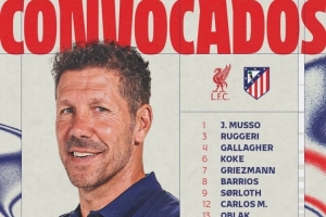 马竞客战利物浦名单：格列兹曼、拉斯帕多里在列，阿尔瓦雷斯缺席